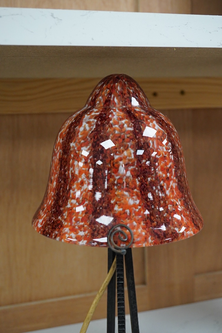 An Art Deco iron lamp with opaline glass shade, 33cm high